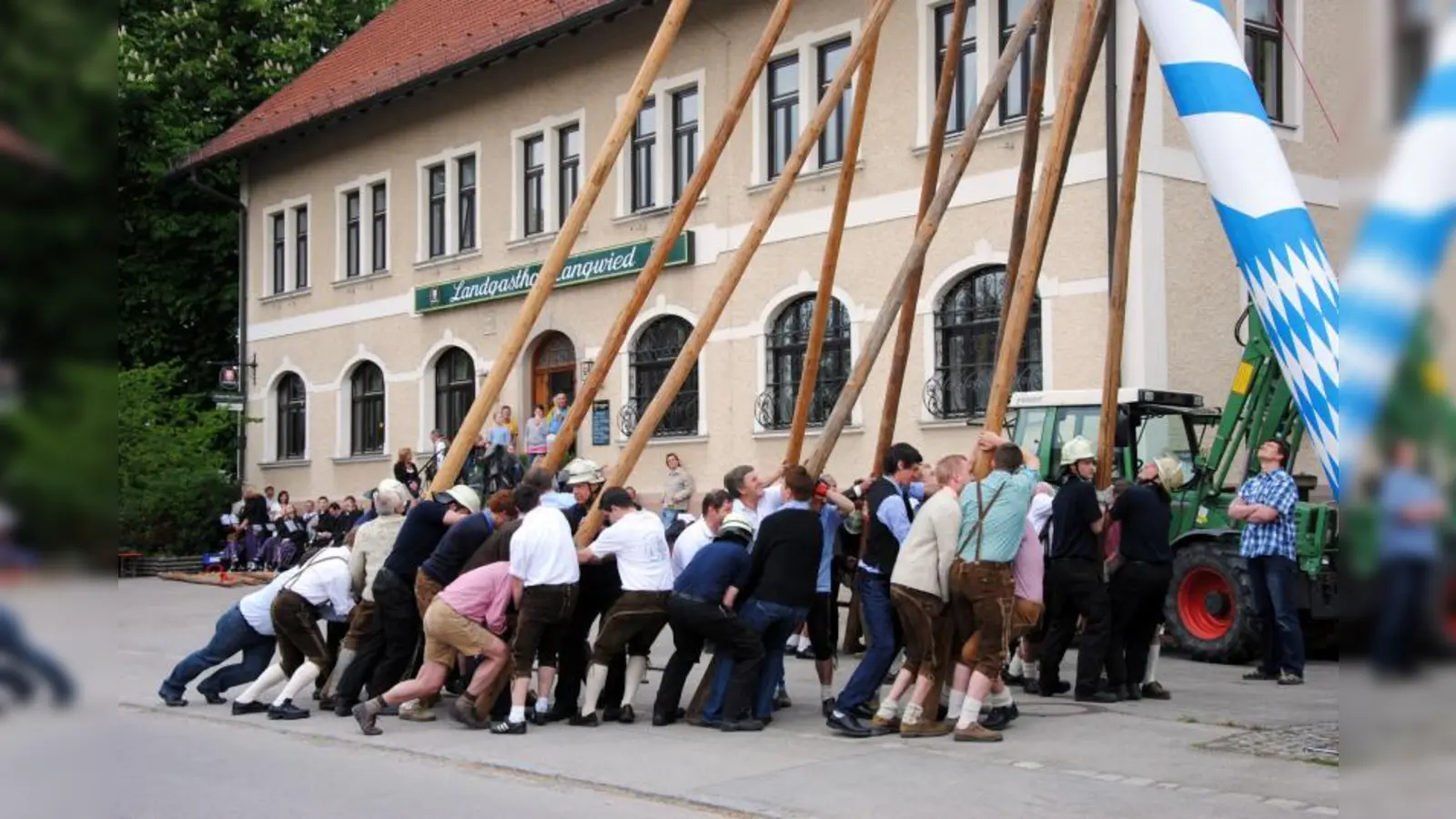 Nochmal kraftvoll hingelangt – gleich steht der Langwieder Maibaum aufrecht vor dem Landgasthof! (Foto: Eva Schraft)