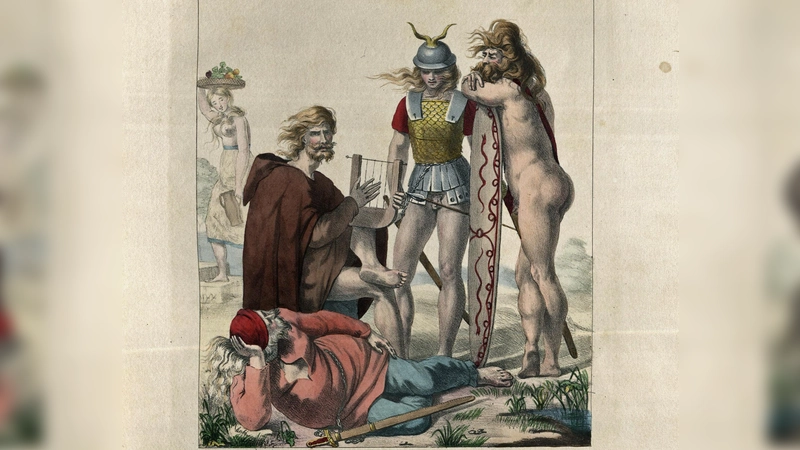 “Avant Cèsar”: Die Gallier zur Zeit “vor Cäsar” stellte Charles Auguste Herbé recht leicht bekleidet dar. Die Abbildung stammt aus „Costumes Français – Civils, Militaires et Religieux“, dem einemillionsten Buch in der Bibliothek des Deutschen Museums.  (Foto: ?Costumes Français ? Civils, Militaires et Religieux?, Bibliothek des Deutschen Museums)