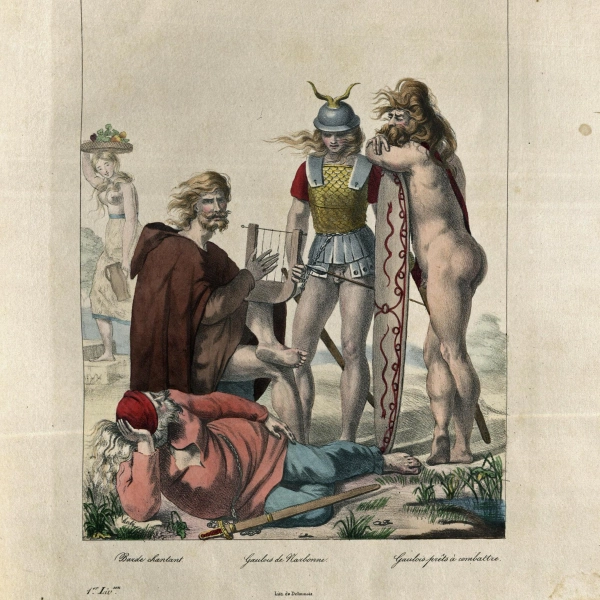 “Avant Cèsar”: Die Gallier zur Zeit “vor Cäsar” stellte Charles Auguste Herbé recht leicht bekleidet dar. Die Abbildung stammt aus „Costumes Français – Civils, Militaires et Religieux“, dem einemillionsten Buch in der Bibliothek des Deutschen Museums.  (Foto: ?Costumes Français ? Civils, Militaires et Religieux?, Bibliothek des Deutschen Museums)