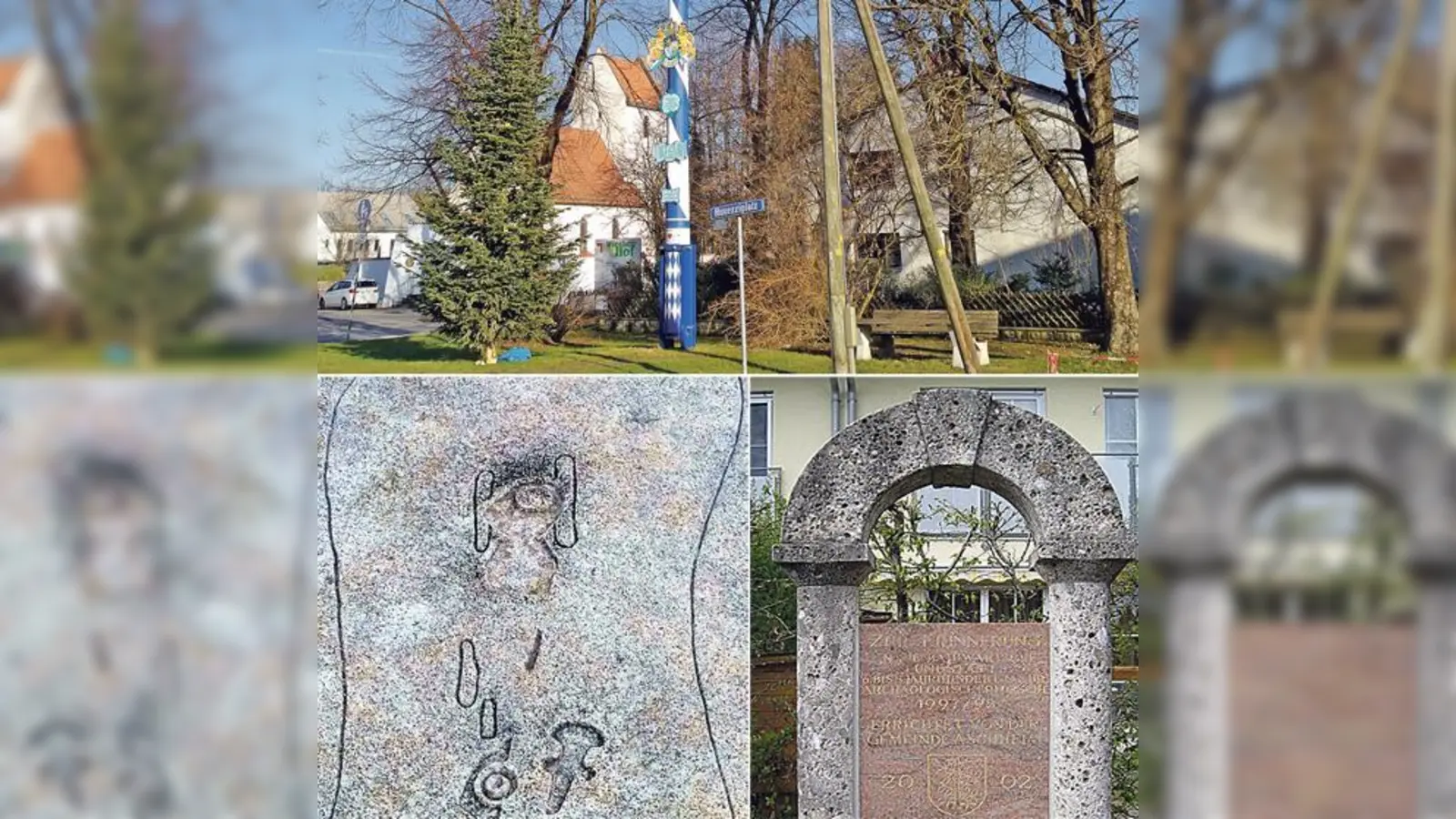Die Radltour beginnt in Johanneskirchen am Huuezziplatz (oben). Unterwegs	 zu sehen sind zum Beispiel die Silhouette eines Grabes aus der Bajuwarenzeit (unten links) oder das Ausgrabungsdenkmal am Bajuwarenring in Aschheim. 	 (Foto: ahi/priv./Sibylle Reinicke)
