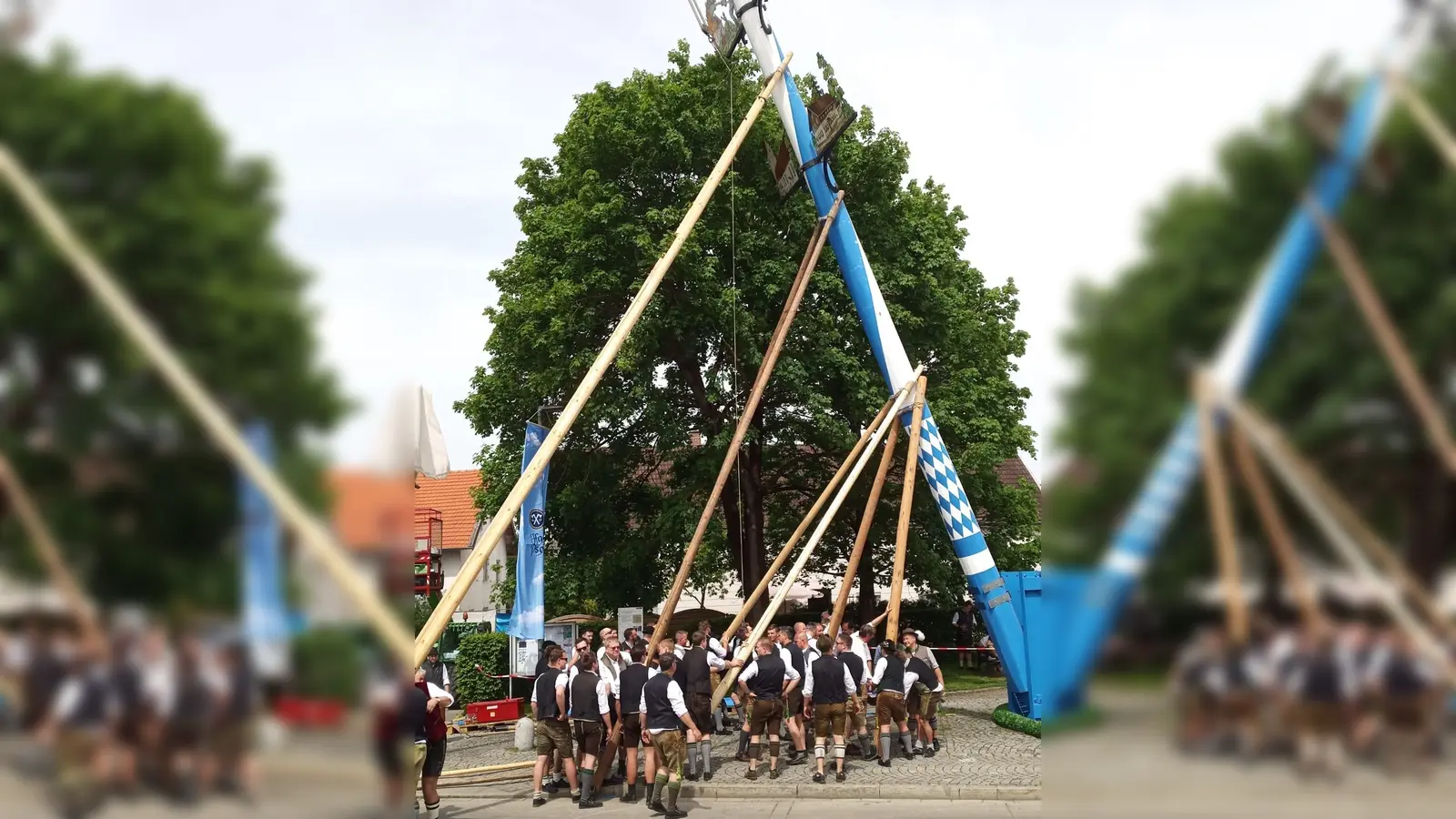 Mit den traditionellen Holzstangen hievten die Unterpfaffenhofener Burschen den Maibaum in die Vertikale. (Foto: Wolfgang Sbeczka)