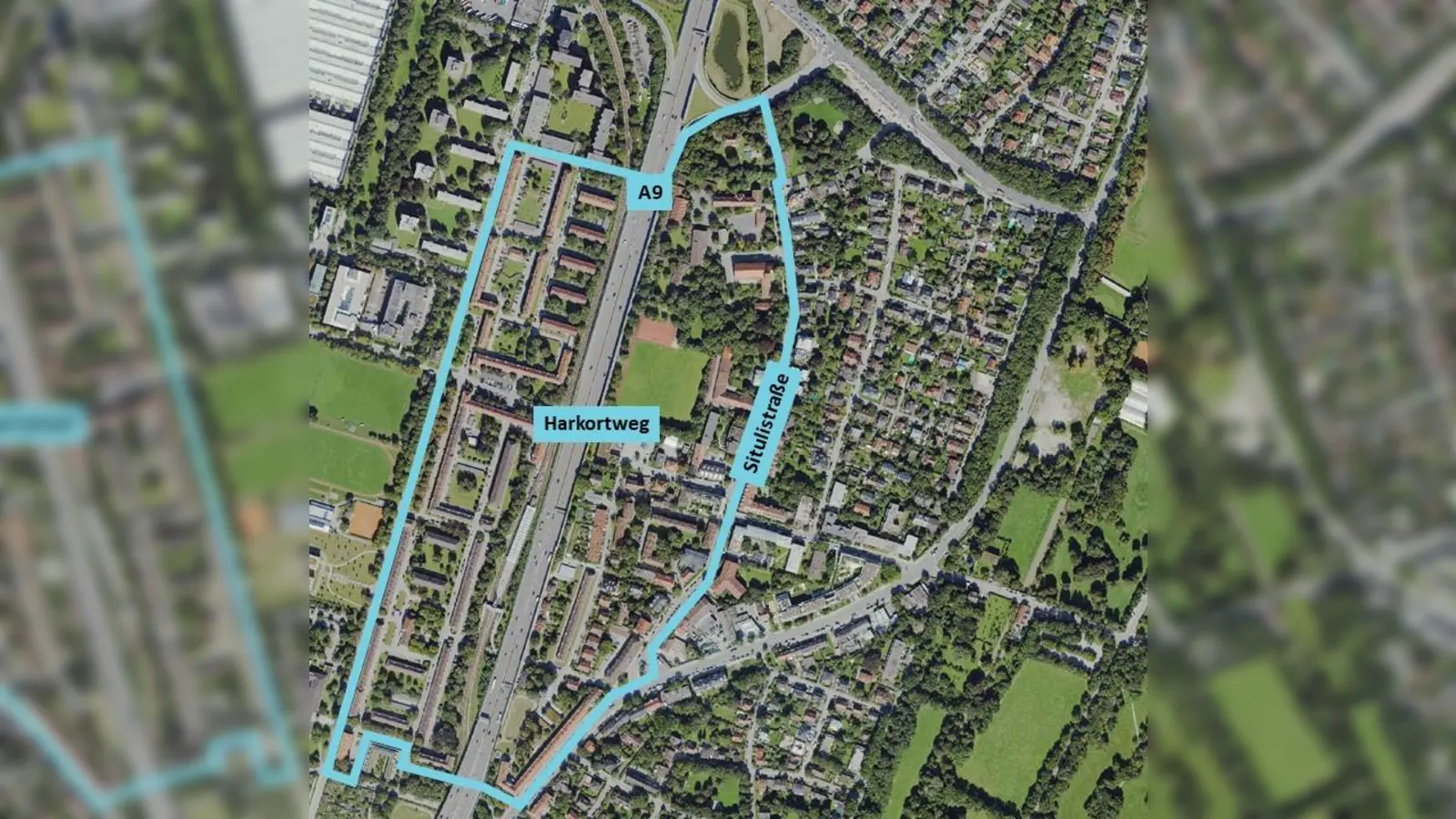 Aus den beiden Teilbereichen „Harnierplatz” im Westen und „St. Nikolaus-Platz” im Osten besteht das Quartier Harkortweg. Getrennt sind sie durch die A9. (F.: RKU/ GeoInfoWeb)