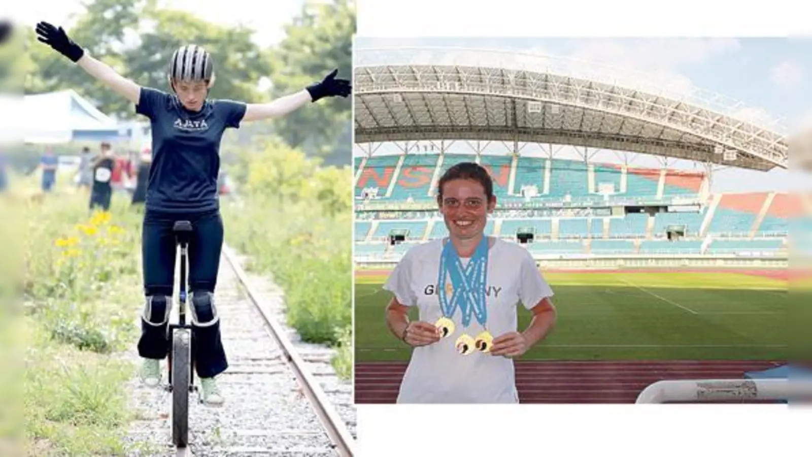 Volle Konzentration: Ana Schrödinger beim »Rail Race«  einem Einradrennen auf dem Bahngleis. Foto rechts: Im Stadion von Ansan (Südkorea) präsentierte die 23-jährige Johanneskirchnerin ihre Goldmedaillen.	 (Foto: Ha Jonggyu)