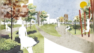 Im Zuge des Neubauvorhabens am Oberwiesenfeld soll auch ein öffentlicher Park entstehen, geplant vom Landschaftsarchitekturbüro Studio Vulkan. (Archivbild: Studio Vulkan)