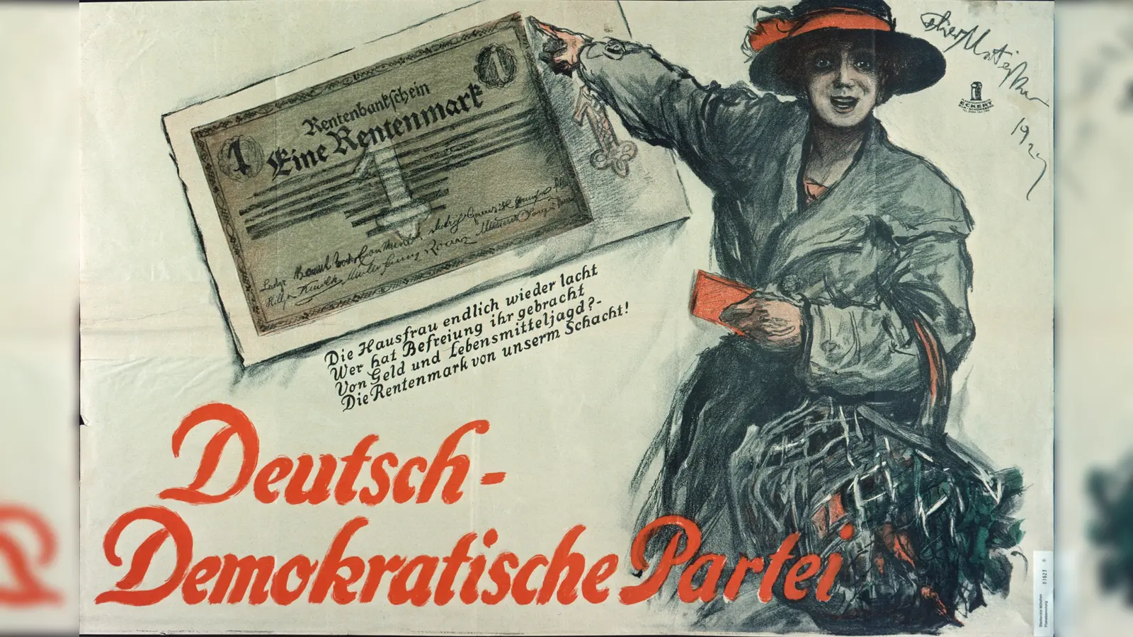 „Die Hausfrau endlich wieder lacht ... „ 1924 feiert die Deutsch-Demokratische Partei (DDP) die Währungsumstellung, die „die Befreiung von der Lebensmitteljagd” erreicht habe. (Foto: Stadtarchiv München DE-1992-PL-01623)