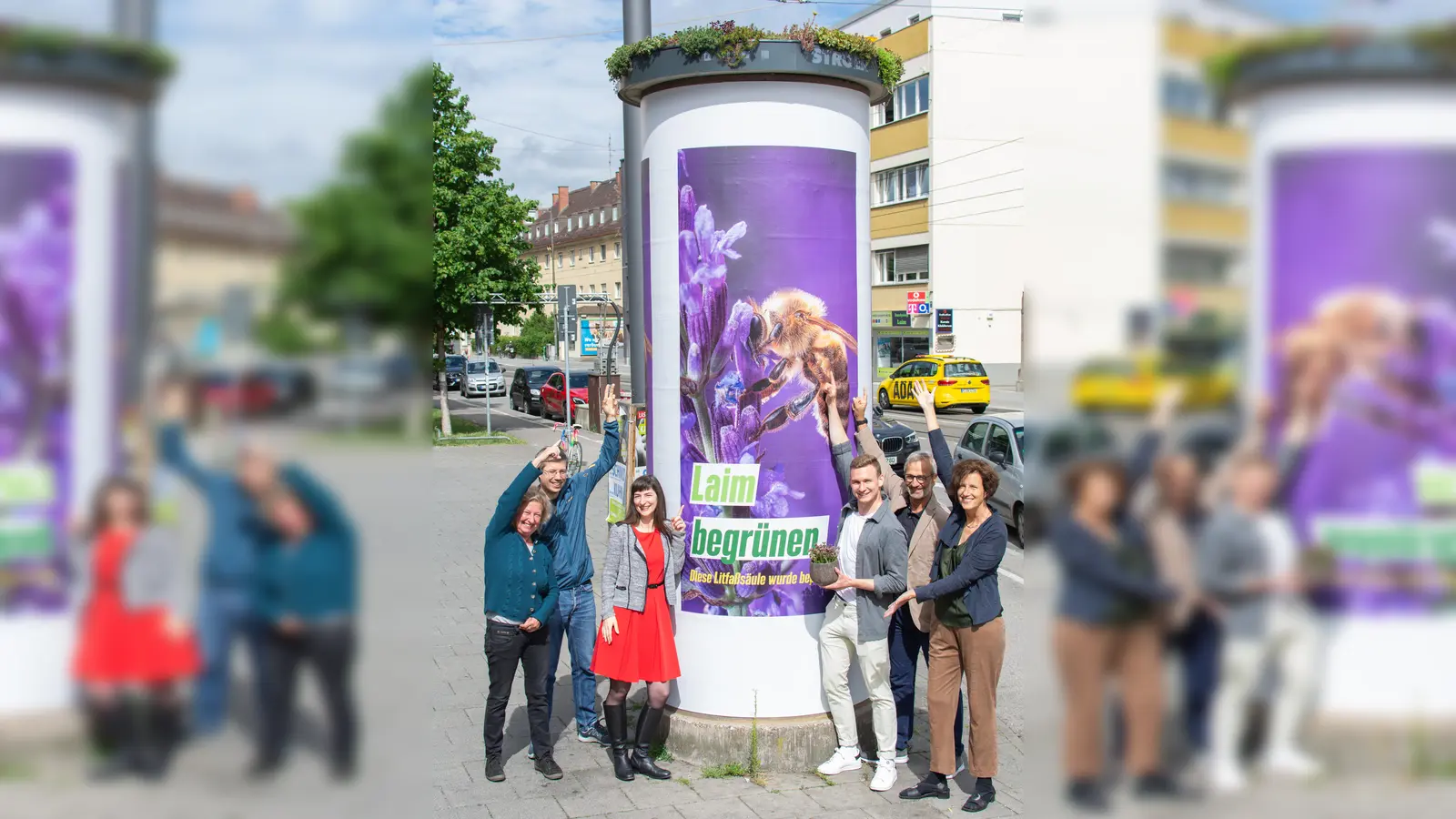 Ganz oben sprießt jetzt Grün aus der Litfaßsäule. Im Bild: Erika Sturm (Bezirksrätin + Bezirksausschuss (BA) Laim), Martin Beier (BA), Dr. Freya Amann (Ströer), Florian Siekmann (Landtagsabgeordneter), Stefan Helbig (Ströer), Renate Spannig (BA). (Foto: Lorenz Stradtner)