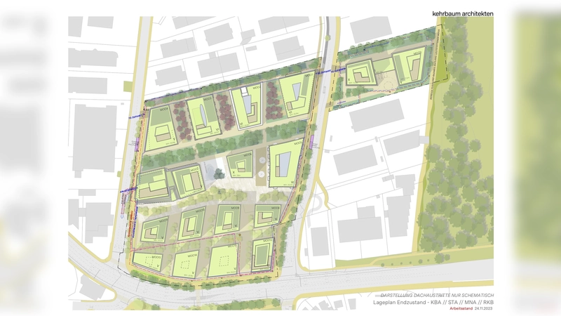 Am Ortseingang von Starnberg gelegen sollen die 13 Gebäude von „moosaik” den Standort aufwerten. (Die Bezeichnungen wurden aus technischen Gründen von „MOO” in MOS” umbenannt. Die Nummerierungen blieben unverändert (Foto: Kehrbaum Architekten)