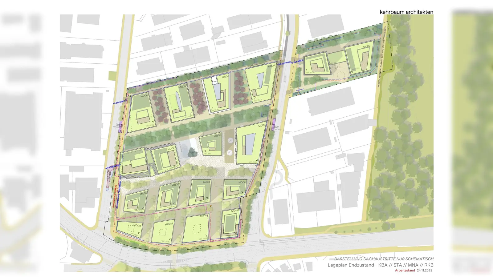 Am Ortseingang von Starnberg gelegen sollen die 13 Gebäude von „moosaik” den Standort aufwerten. (Die Bezeichnungen wurden aus technischen Gründen von „MOO” in MOS” umbenannt. Die Nummerierungen blieben unverändert (Foto: Kehrbaum Architekten)