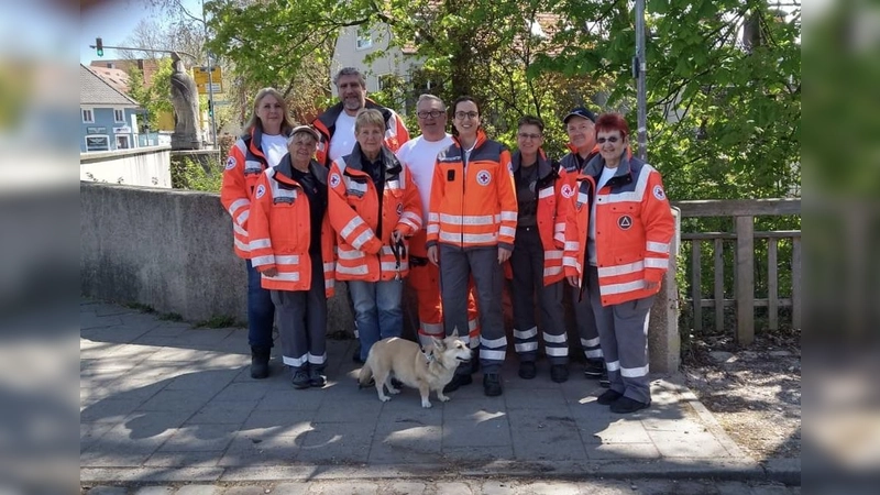 Angelika Gumowski (Zweite von links, vorne) mit Petra Holzner, Gudrun Boer, Marcus Thorenz, Angelika Gumowski, Kreisbereitschaftsleiter Reinhard Weber, Corinna Mauermayer, Carolin Mändl, Enrico Hering, Renate Hirtreiter und Hund Luna. (Foto: BRK)