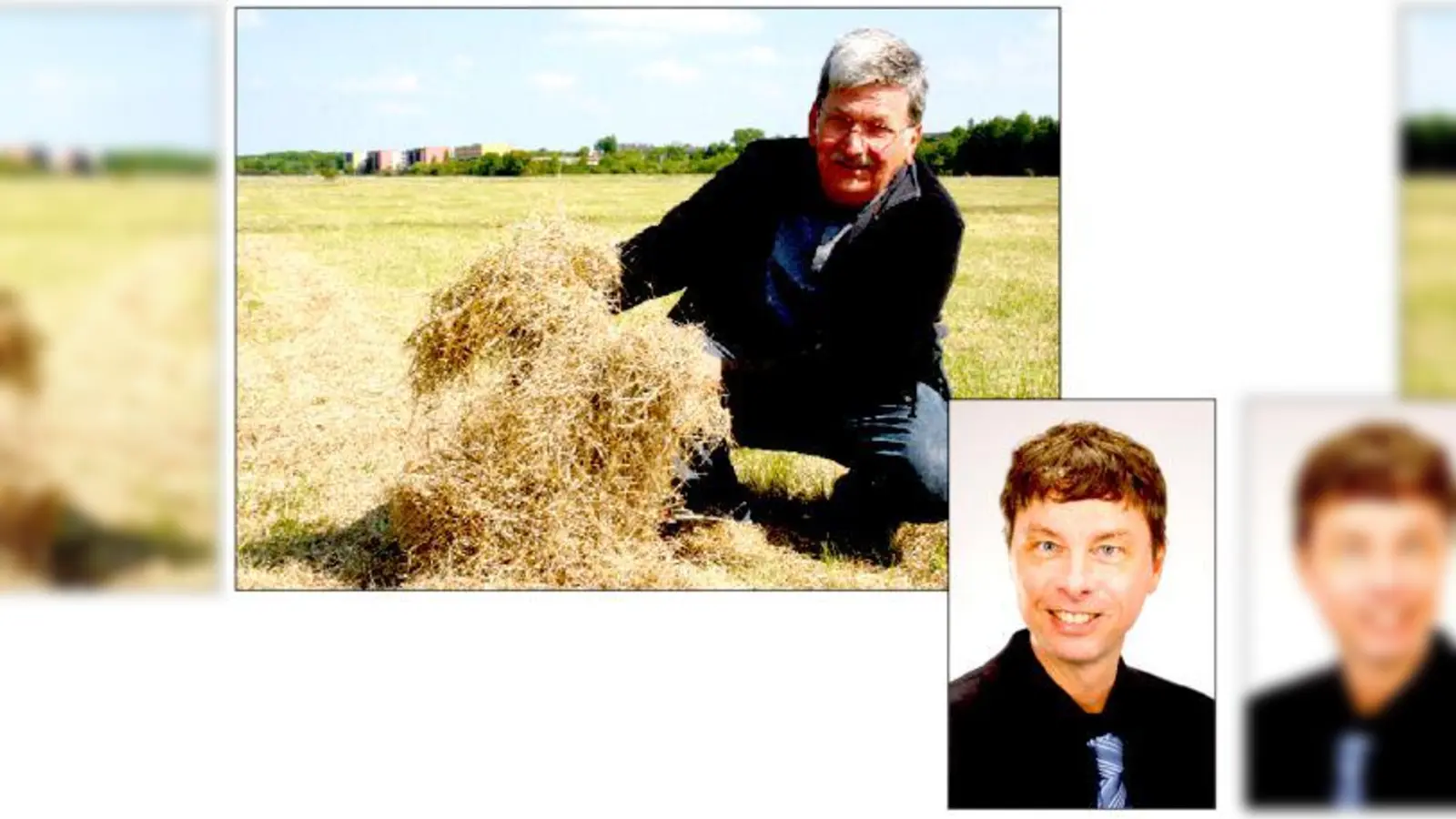 Anwohner Egon Franzmann zeigt das abgemähte Gras auf der Panzerwiese. Dr. Heinz Sedlmeier vom  Vogelschutzbund. 	 	 (Fotos: ws/Privat)