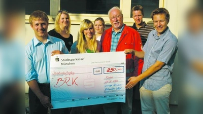 Bei der Übergabe des Spendenschecks: (v.l.) Florian Sperl (Vorsitzender der JU Allach-Untermenzing), Angie Fürst (Vorsitzende JU Aubing), Michaela Degen (Vorsitzende JU Pasing), Christina Stelzer (Kreisvorstand der JU München-West), Peter Klapper vom BRK, Thomas Badurczyk (Kreisvorstand der JU München-West) und der Kreisvorsitzende Peter Auer. (Foto: pi)