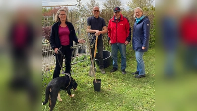 Dani Palme (Garten der Begegnung) und Antonio Deducia, Bruno Diazzi sowie Rita Bulgarelli Diazzi vom Deutsch-Italienischen Verein (v.l.) pflanzten den Olivenbaum gemeinsam ein.<br><br> (Foto: red)