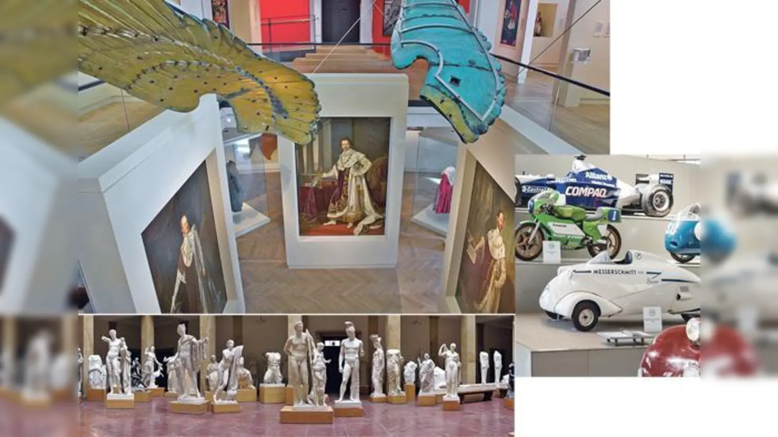 Porträts bayerischer Herrscher im Königssaal des Stadtmuseums. Foto rechts: Das Verkehrszentrum feiert 15. Geburtstag. Foto unten: Blick in den Lichthof Süd, mit spätklassischen Götterstatuen.  (Foto: Münchner Stadtmuseum, Deutsches Museum, Joachim Nicolaus)