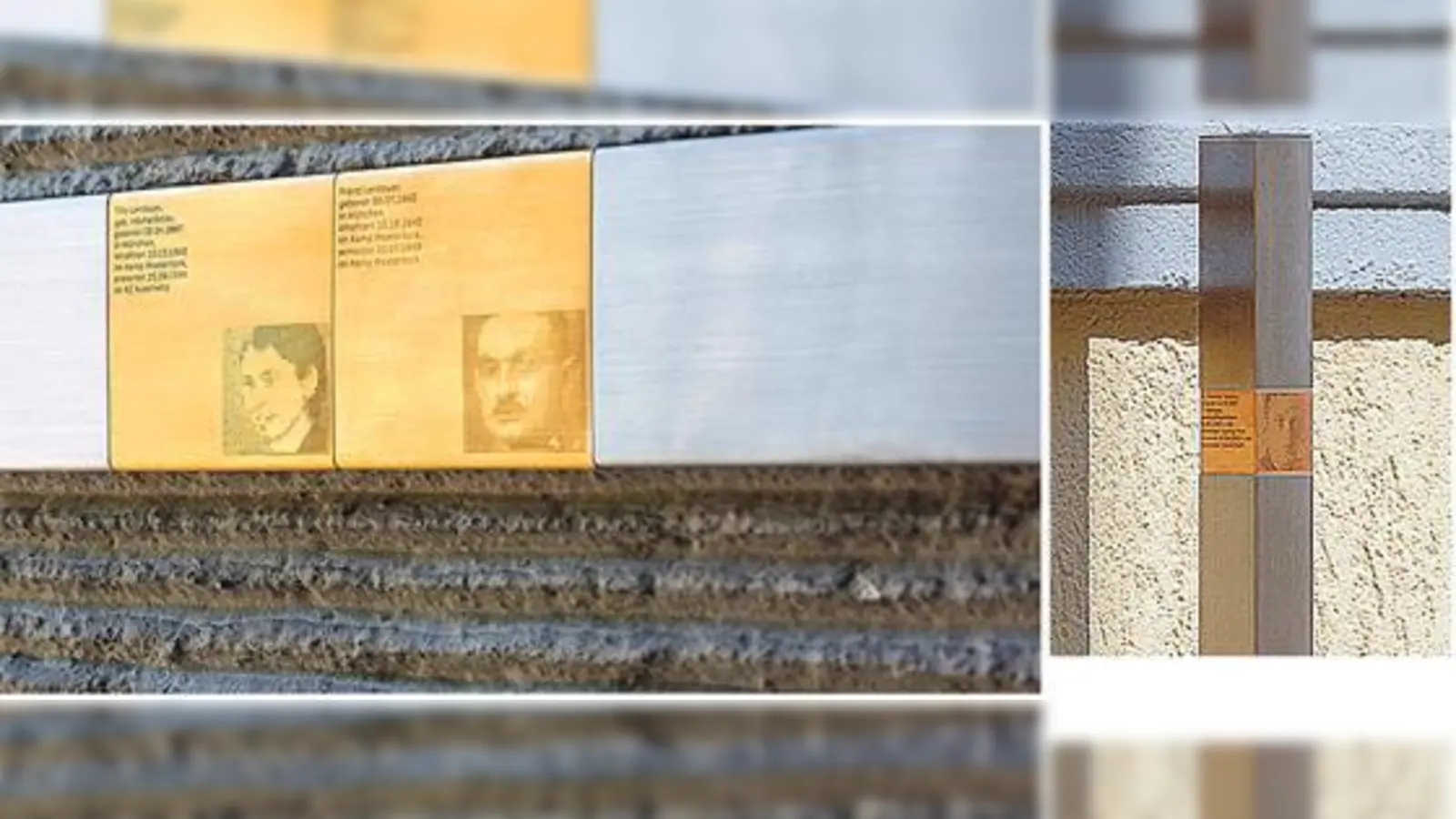 Erinnerungstafel für Tilly und Franz Landauer in der Königinstraße 85.	Foto rechts: Erinnerungsstele für das Psychiatrieopfer Dr. Friedrich Crusius in der Mandlstr. 21.  (Foto: stauss processform, München)