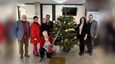 Der Wunschbaum steht. Günther Roll, Sonja Maier, Regine Müller, Michael Ditze, Miriam Betz (alle Gemeindestiftung) sowie Dilber Altin und Bürgermeister Peter Köstler (v.l.) präsentierten ihn. (Foto: Ulrike Seiffert)