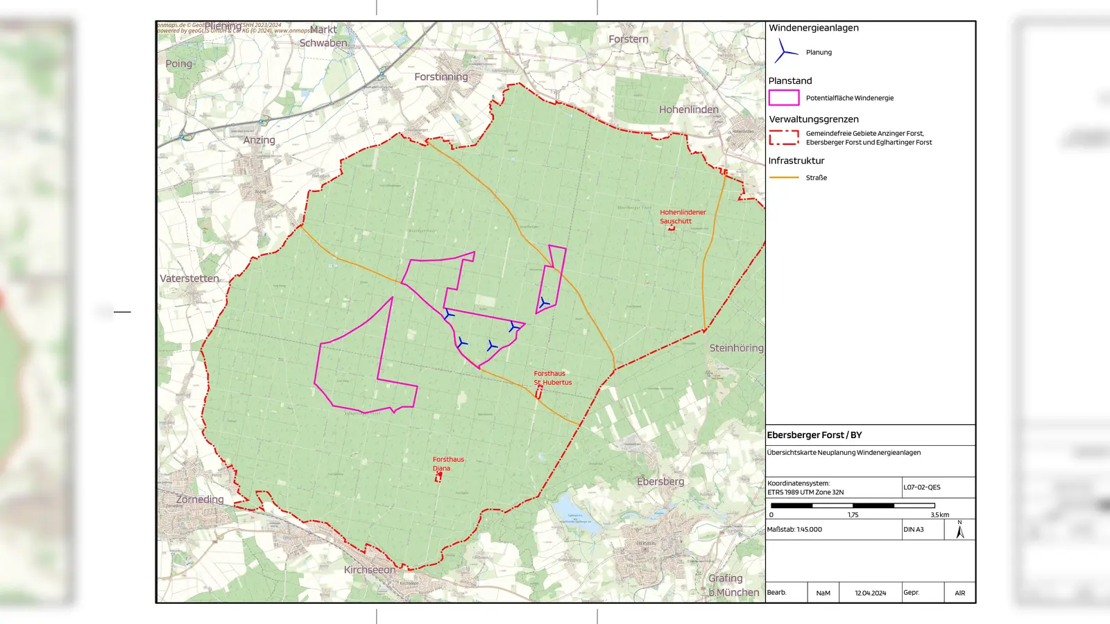 Innerhalb der pink umrandeten Flächen können Windräder aufgestellt werden. (Foto: LRA Ebersberg)