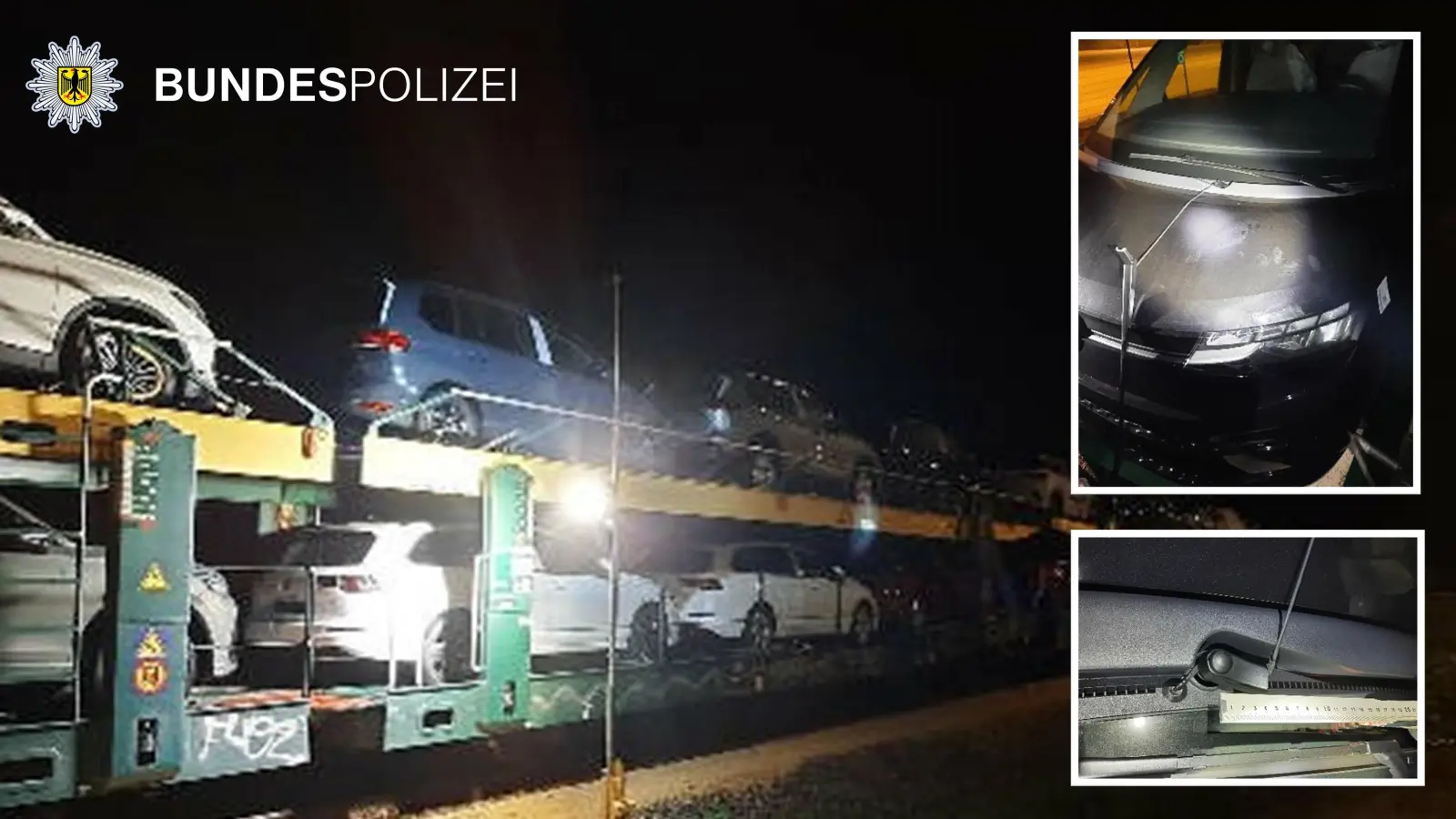 Am Umschlagbahnhof Milbertshofen sind an Neuwagen auf einem Autotransportzug Scheibenwischer herausgerissen worden. Wer Beobachtungen gemacht hat, bitte unter Tel. 089 515550-0 melden! (Foto: Bundespolizei)
