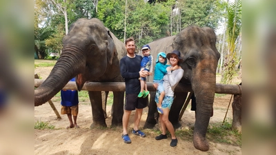 Erste Station der Weltreise von Familie Cavalcanti Meyer aus Bogenhausen war Thailand, wo sie zwei liebevollen Elefantendamen begegneten. (Foto: privat)