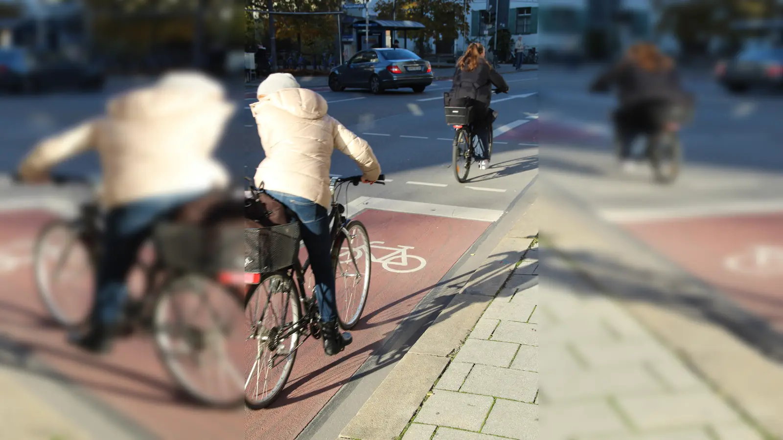 Radfahrer in der Plinganserstraße: An roten Ampeln müssen auch sie warten. Eine Bürgerin forderte nun, an der Kreuzung Engelhardstraße einen Zweirrichtungsfahrradweg einzurichten, um Wartezeiten zu minimieren. (Foto: job)