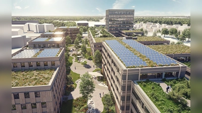 Der geplante Gewerbe-Campus in Holzbauweise verbindet Produktions-, Forschungs- und Büroflächen. (Foto: UBM)