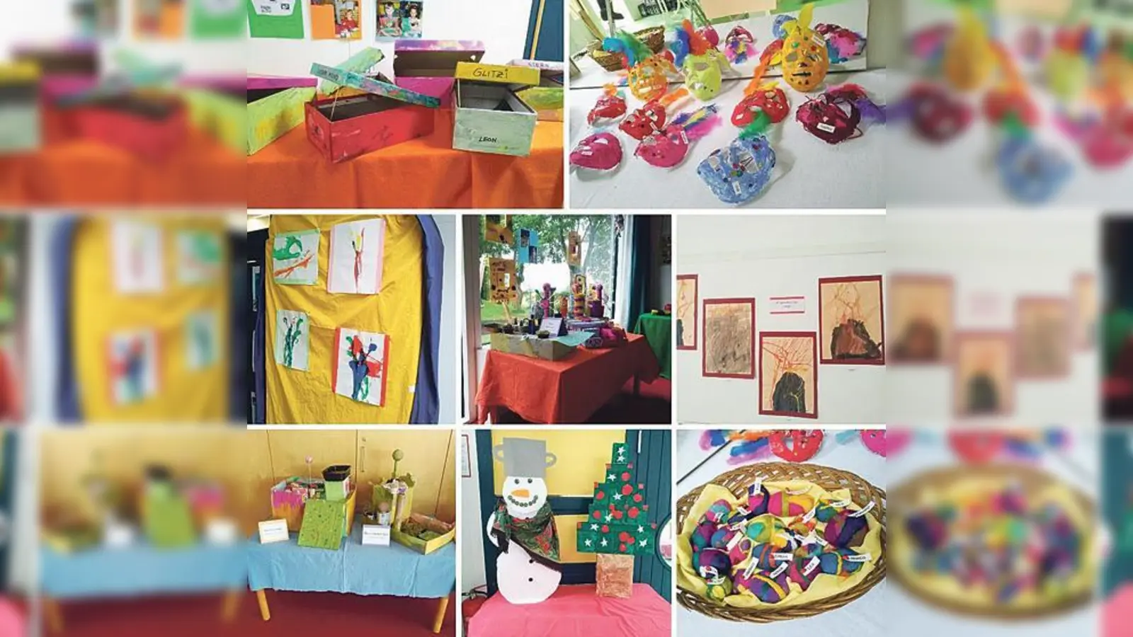 Kleine Künstler: Große Vernissage zum diesjährigen Sommerfest im Kindergarten St. Johannes (Collage). Auch das Kindergartenmaskottchen (oben re.) und die von den Erzieherinnen organisierten Spielstände waren ein Highlight des Sommerfestes. 	 (Fotos: privat)