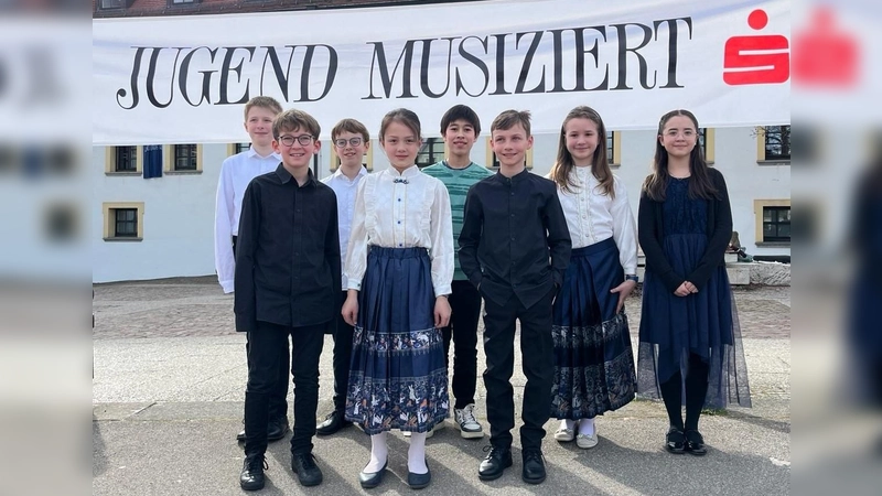 Die Preisträger der Altersgruppe II beim Landeswettbewerb in Kempten - von links: Kolja Gehring, Cornelius Pellmaier, Clemens Narizano, Alina Teschke, Levin Kaup, Samuel Seidenberger, Julia Paul, Kyna McCurdy (Foto: Musikschule)