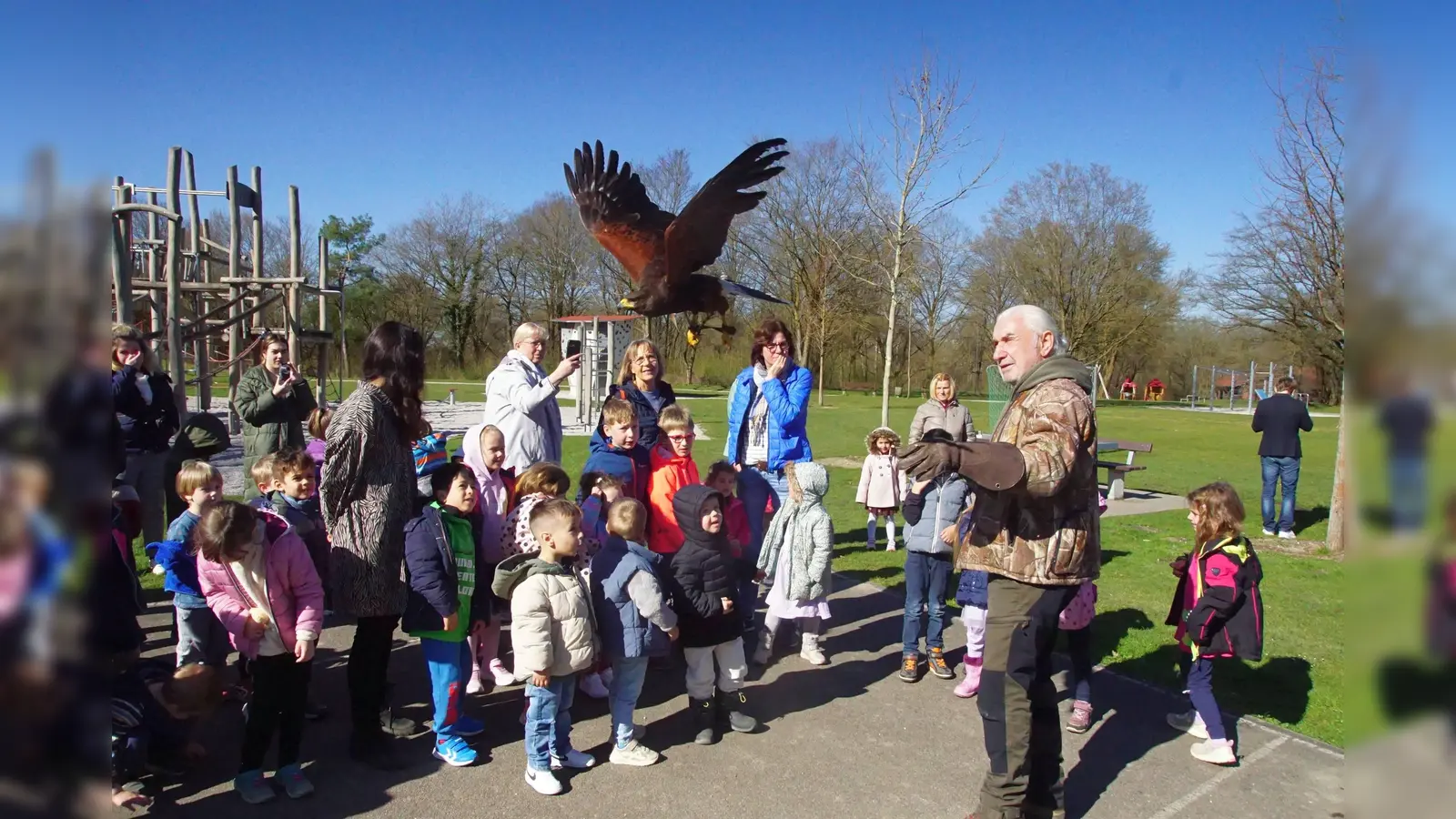 Falkner Leo Mandlsperger begeisterte nicht nur die Gemeinde-Verantwortlichen, weil Eching jetzt im Zentrum krähenfrei ist,  (Foto: bro)