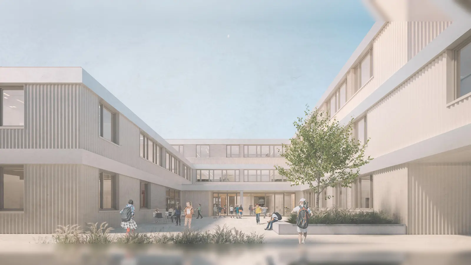 Der Erweiterungsbau der Lukas-Schule wird sich optisch am Bestandsbau orientieren. Der Pausenhof (hier visualisiert) ist im Innenbereich vorgesehen. (Foto: Bauunternehmen Georg Reisch/Architekten Bodamer und Faber)