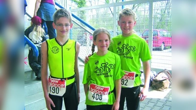 Nachwuchstriathleten des TSV Eintracht Karlsfeld (v.l.): Dominik Thoma, Merle und Niwes Maxseiner. (Foto: Triathlon Karlsfeld)