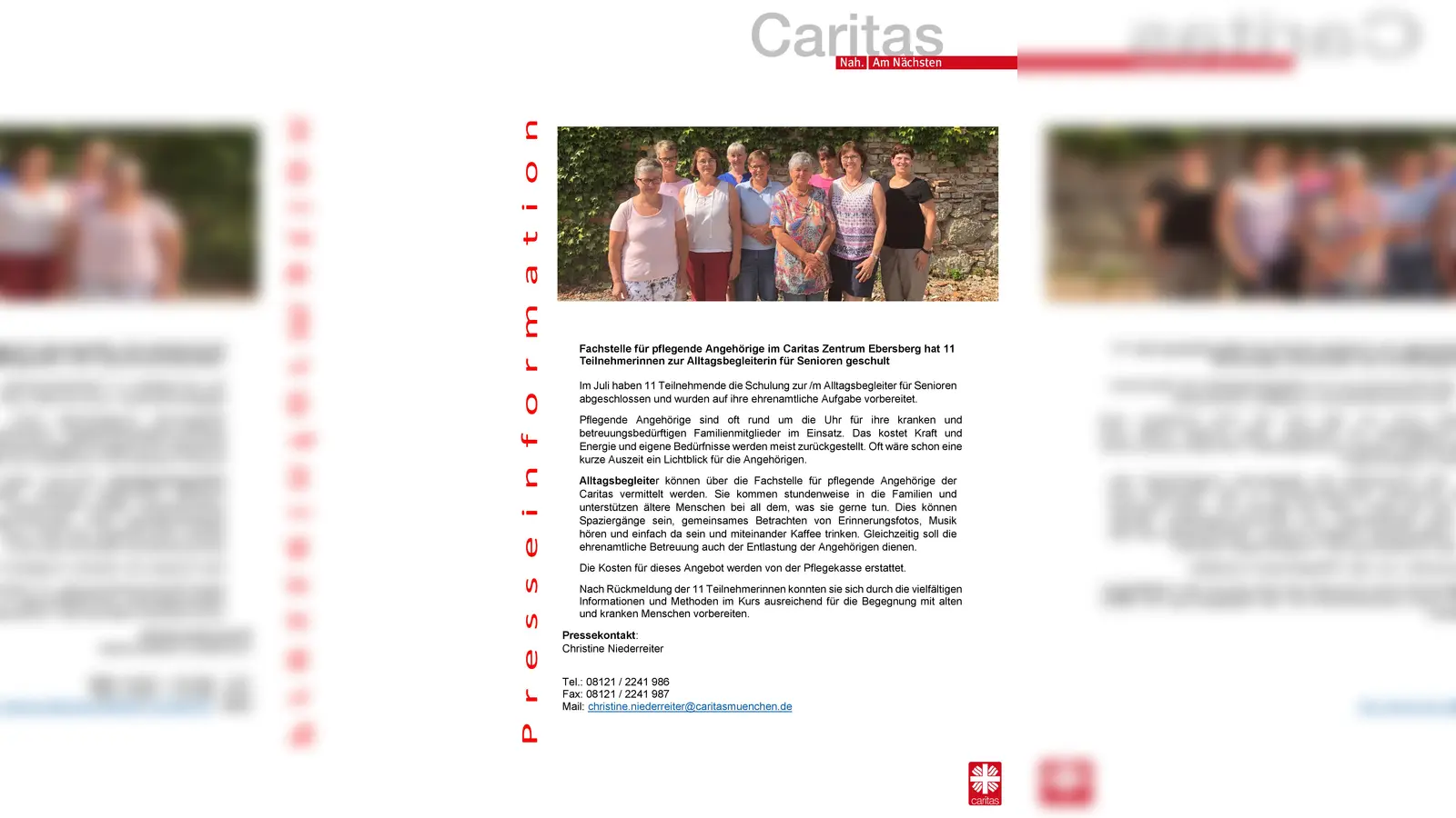 Die Fachstelle für pflegende Angehörige im Caritas Zentrum Ebersberg hat elf Teilnehmerinnen zur Alltagsbegleiterin für Senioren geschult. (Foto: Caritas Zentrum)