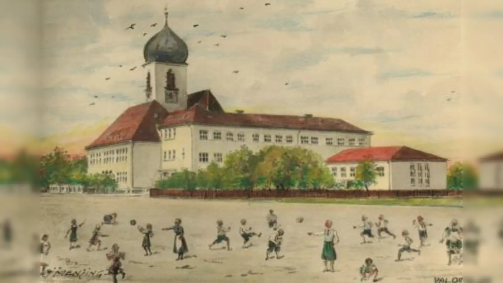 Aquarell des Architekten Valentin Ott der Grandlschule mit Erweiterungsbau. Im Hintergrund die Obermenzinger Pfarrkirche Leiden Christi. (Foto: privat)