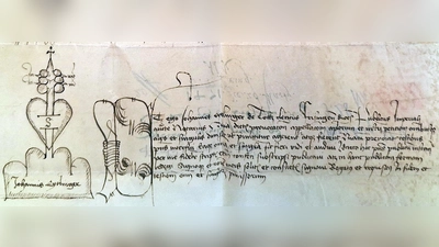 Notariatssignet auf einer Urkunde, mit der sich der Öxinger Pfarrvikar Oswald Schwalb<br>bei der Römischen Kurie über den Entzug seiner Pfarrstelle durch den Ebersberger<br>Abt Eckhard beklagte.  (Foto: Bayerisches Hauptstaatsarchiv)
